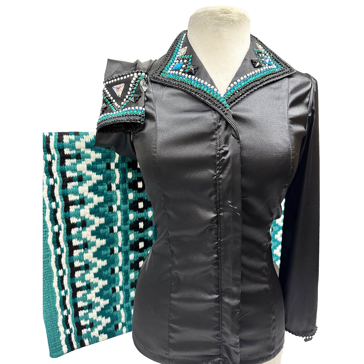 Black Charmuese with Emerald Show Shirt shown with matching saddle pad