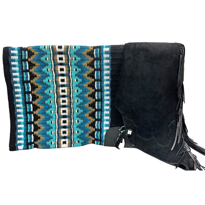 marine blue, bright teal, black, white and caramel saddle pad with black chaps