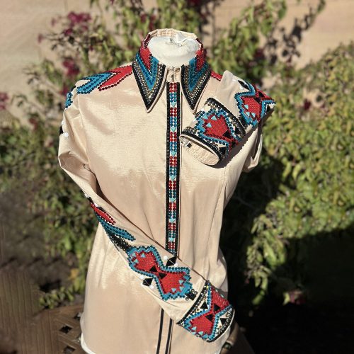 Golden Taffeta with Turq and Red Cobra western show shirt shown outside